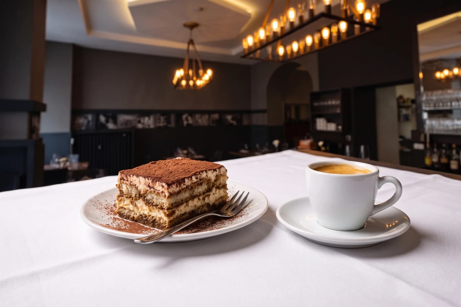 Tiramisu mit Kakao und ein Espresso auf dem weiß eingedeckten Tisch, dahinter der Gastraum